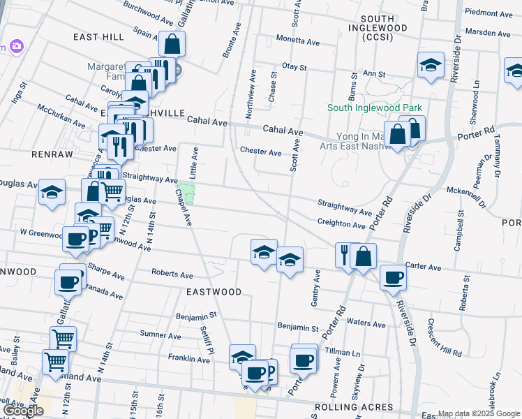 map of restaurants, bars, coffee shops, grocery stores, and more near 1607 Douglas Avenue in Nashville