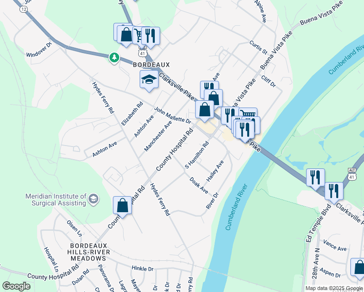 map of restaurants, bars, coffee shops, grocery stores, and more near 1810 County Hospital Road in Nashville