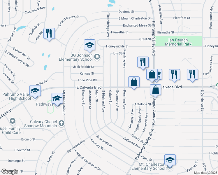 map of restaurants, bars, coffee shops, grocery stores, and more near 1100 East Calvada Boulevard in Pahrump