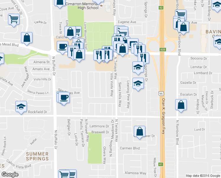 map of restaurants, bars, coffee shops, grocery stores, and more near 1800 Sierra Valley Way in Las Vegas
