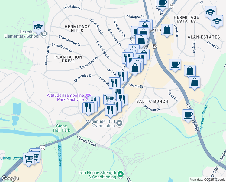 map of restaurants, bars, coffee shops, grocery stores, and more near 105 Bonnabrook Drive in Nashville