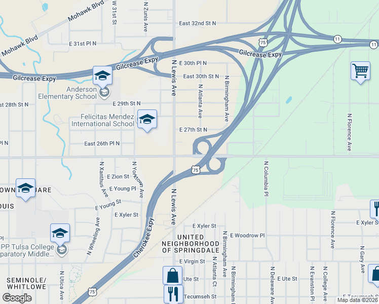 map of restaurants, bars, coffee shops, grocery stores, and more near 2429 East Apache Street in Tulsa