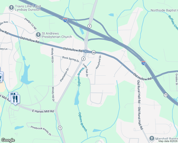 map of restaurants, bars, coffee shops, grocery stores, and more near 1137 Twin Oak Drive in Winston-Salem