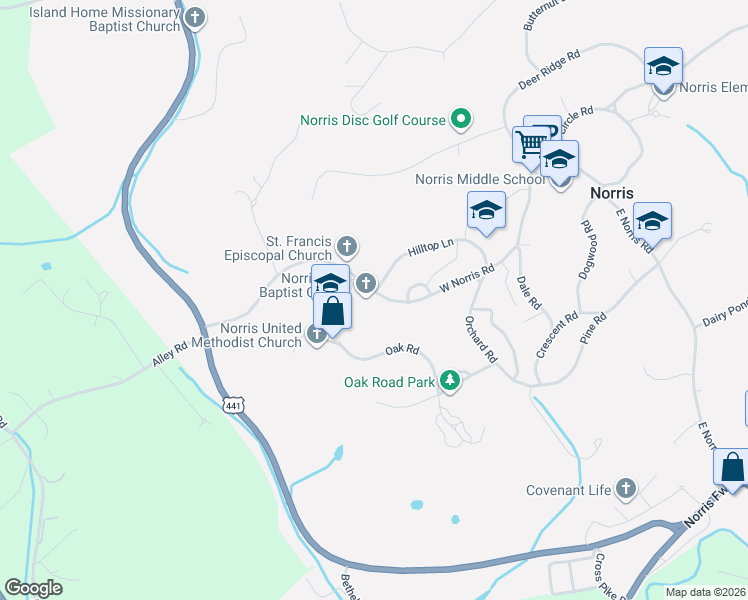 map of restaurants, bars, coffee shops, grocery stores, and more near 145 West Norris Road in Norris