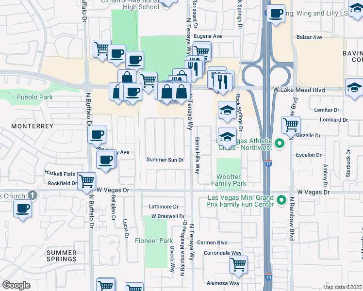 map of restaurants, bars, coffee shops, grocery stores, and more near 1800 Sierra Valley Way in Las Vegas