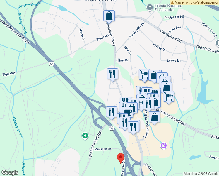map of restaurants, bars, coffee shops, grocery stores, and more near Sun View Road in Winston-Salem