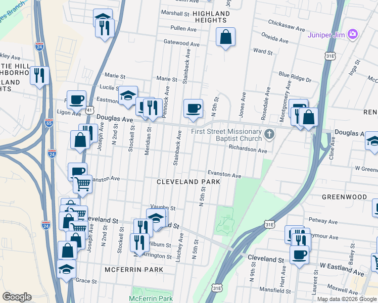 map of restaurants, bars, coffee shops, grocery stores, and more near 1201 Stainback Avenue in Nashville