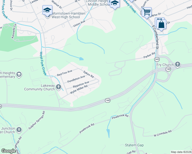 map of restaurants, bars, coffee shops, grocery stores, and more near 1951 Sykes Road in Morristown