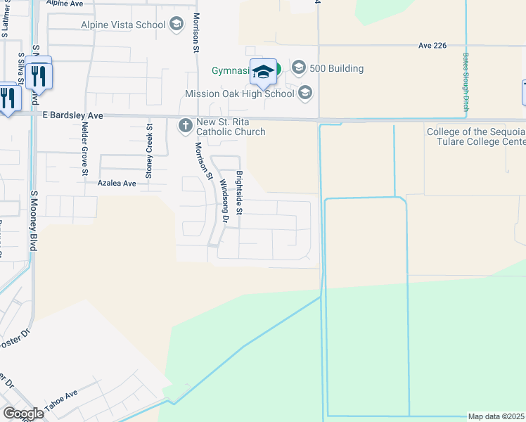 map of restaurants, bars, coffee shops, grocery stores, and more near 3298 Tradewinds Avenue in Tulare