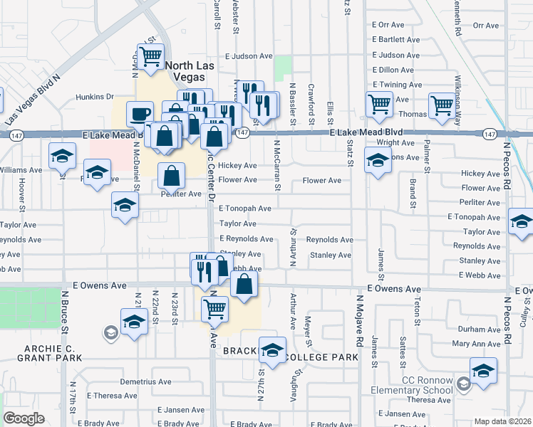 map of restaurants, bars, coffee shops, grocery stores, and more near 2621 East Tonopah Avenue in North Las Vegas