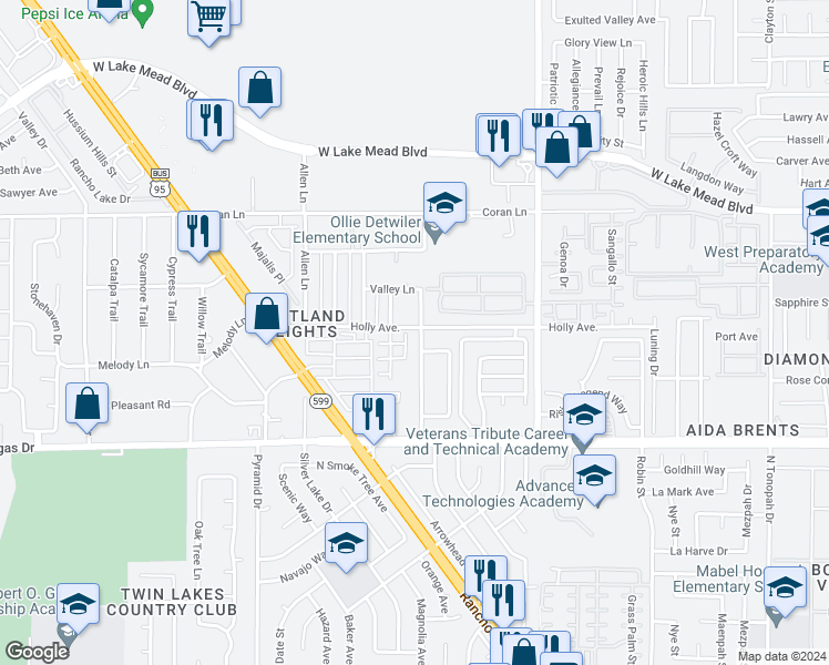map of restaurants, bars, coffee shops, grocery stores, and more near 1853 Ferrell Street in Las Vegas