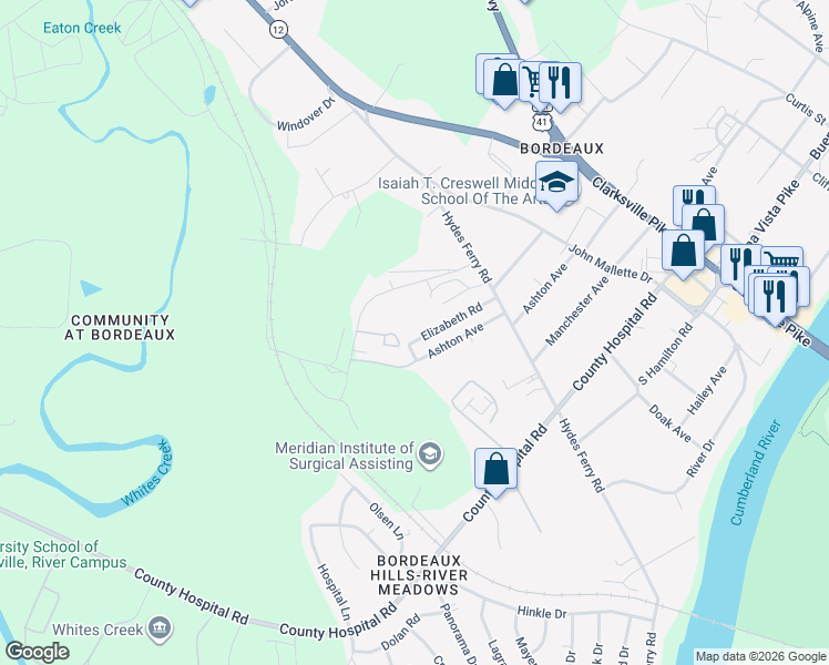 map of restaurants, bars, coffee shops, grocery stores, and more near 1607 Elizabeth Road in Nashville