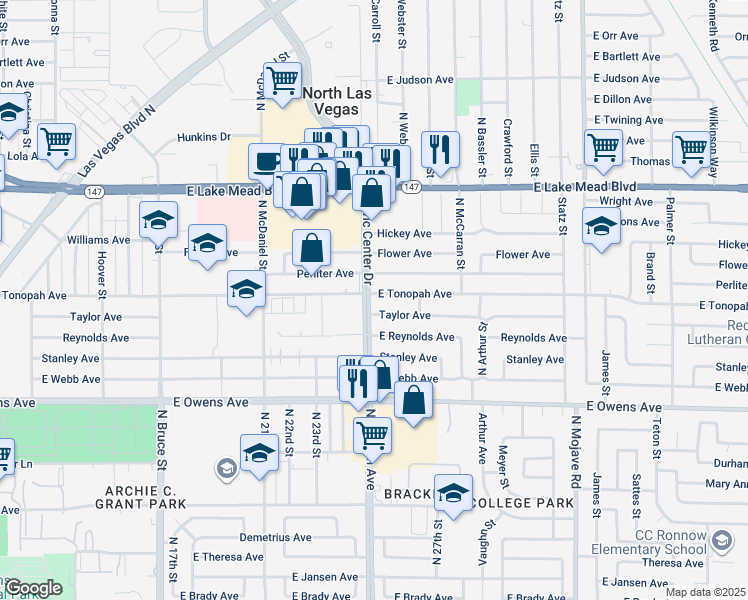 map of restaurants, bars, coffee shops, grocery stores, and more near 2501 East Tonopah Avenue in North Las Vegas