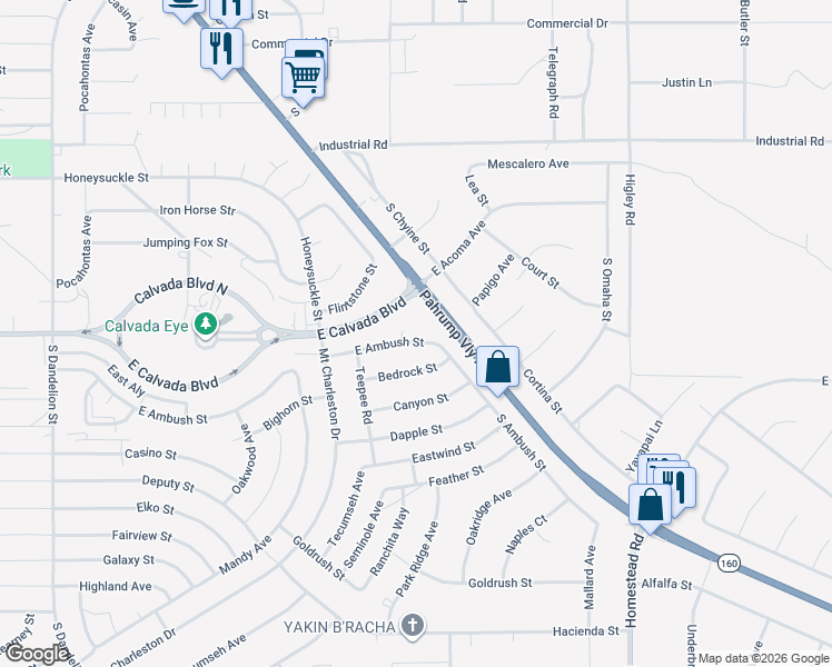 map of restaurants, bars, coffee shops, grocery stores, and more near 2580 East Ambush Street in Pahrump