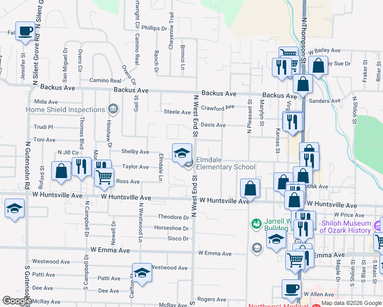 map of restaurants, bars, coffee shops, grocery stores, and more near 500 North West End Street in Springdale