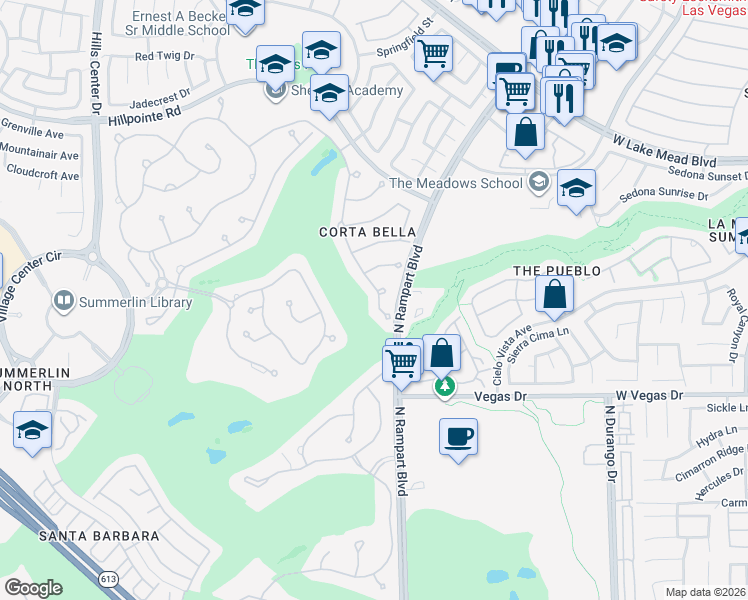 map of restaurants, bars, coffee shops, grocery stores, and more near 1725 Corta Bella Drive in Las Vegas