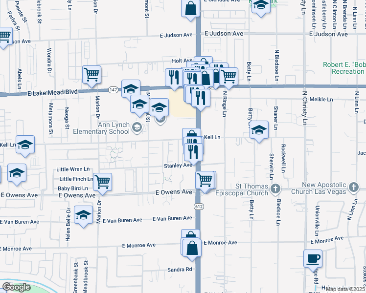 map of restaurants, bars, coffee shops, grocery stores, and more near 5039 Kell Lane in Las Vegas