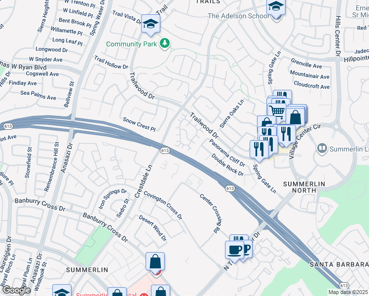 map of restaurants, bars, coffee shops, grocery stores, and more near 9901 Trailwood Drive in Las Vegas