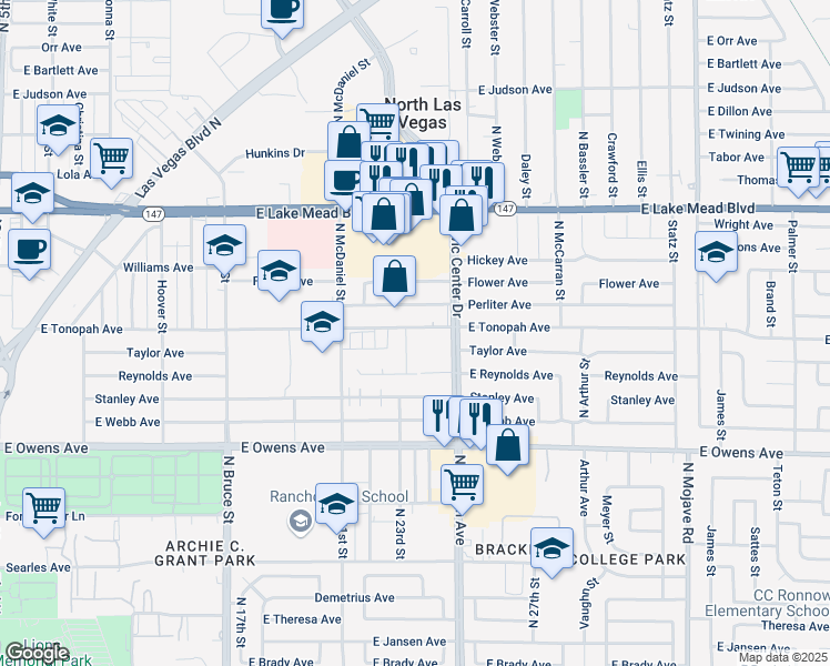 map of restaurants, bars, coffee shops, grocery stores, and more near 1728 North Arrowhead Street in North Las Vegas