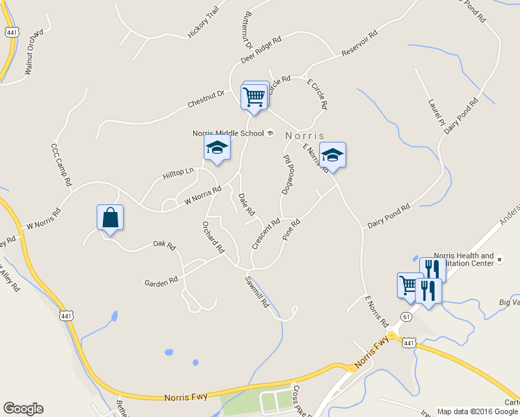 map of restaurants, bars, coffee shops, grocery stores, and more near 111 Dale Road in Norris