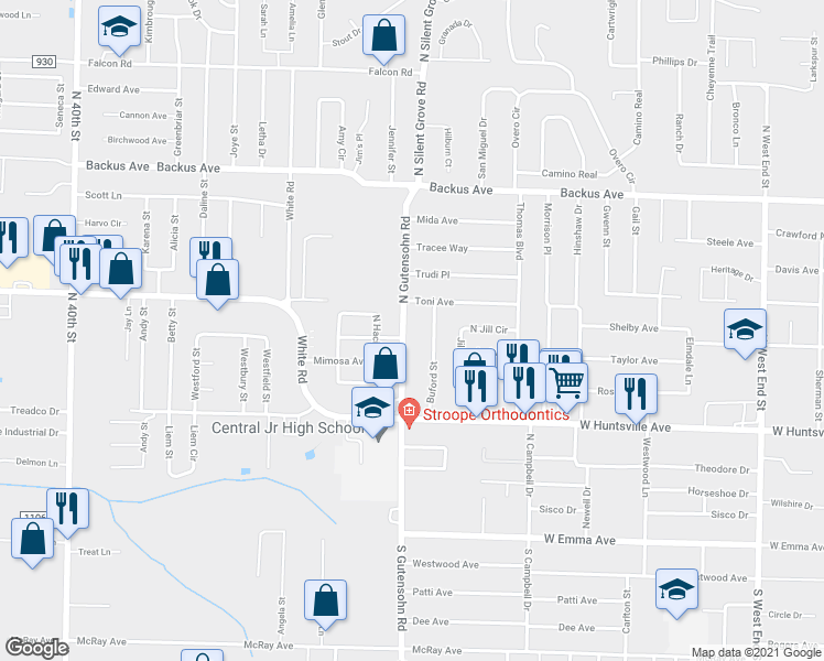 map of restaurants, bars, coffee shops, grocery stores, and more near 707 North Gutensohn Road in Springdale