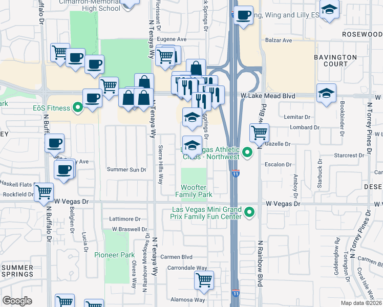 map of restaurants, bars, coffee shops, grocery stores, and more near 63 Walt Lott Drive in Las Vegas