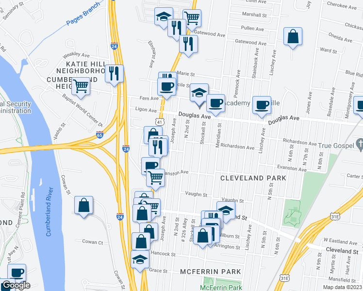map of restaurants, bars, coffee shops, grocery stores, and more near 1204 North 2nd Street in Nashville