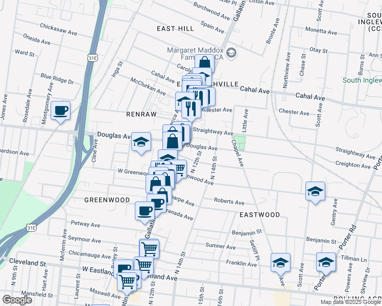 map of restaurants, bars, coffee shops, grocery stores, and more near 1111C McKennie Avenue in Nashville