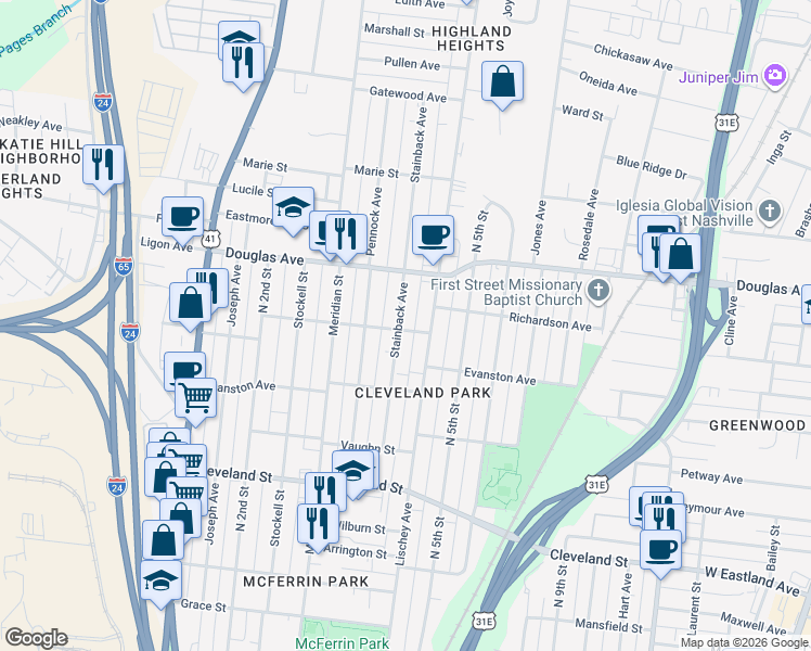 map of restaurants, bars, coffee shops, grocery stores, and more near 1201 Stainback Avenue in Nashville