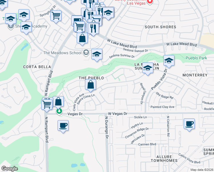 map of restaurants, bars, coffee shops, grocery stores, and more near 8420 Desert Quail Drive in Las Vegas