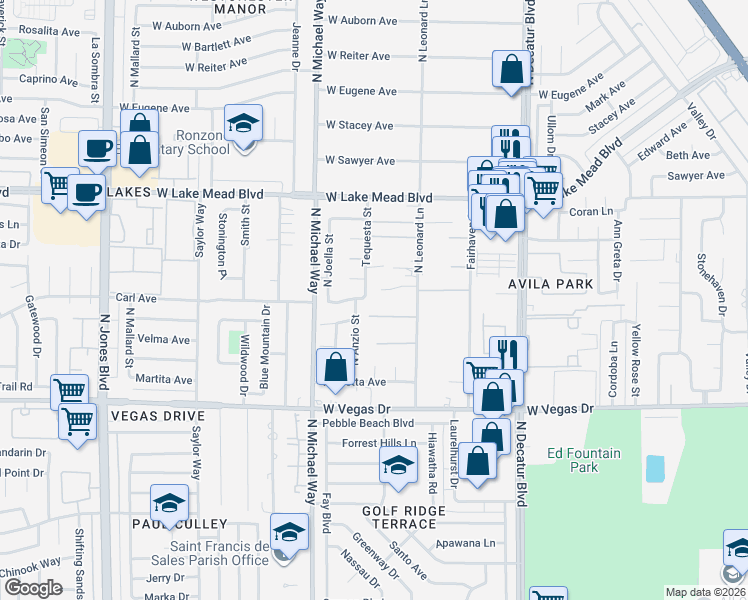 map of restaurants, bars, coffee shops, grocery stores, and more near 5135 Lamarjon Court in Las Vegas