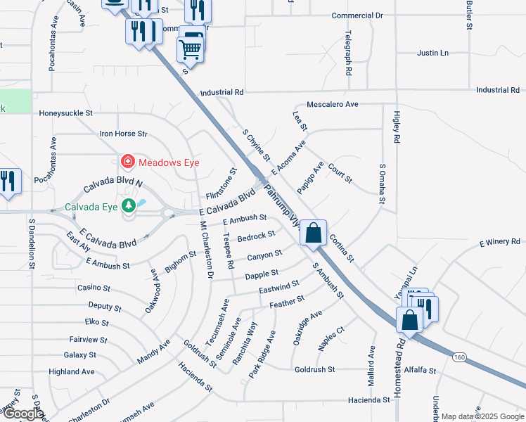 map of restaurants, bars, coffee shops, grocery stores, and more near 2560 East Ambush Street in Pahrump