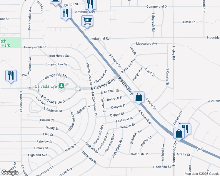 map of restaurants, bars, coffee shops, grocery stores, and more near 2480 East Ambush Street in Pahrump