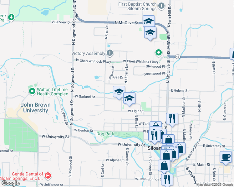 map of restaurants, bars, coffee shops, grocery stores, and more near 703 West Garland Street in Siloam Springs