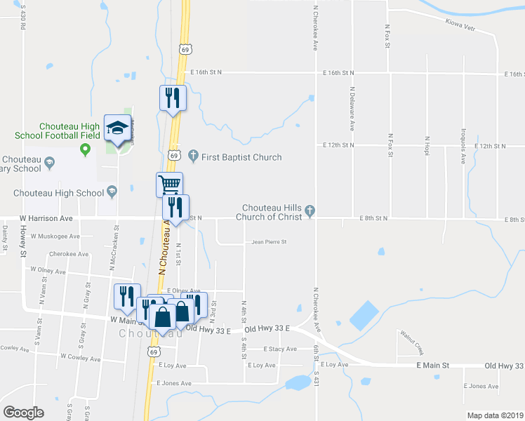 map of restaurants, bars, coffee shops, grocery stores, and more near 490 East 8th Street North in Chouteau
