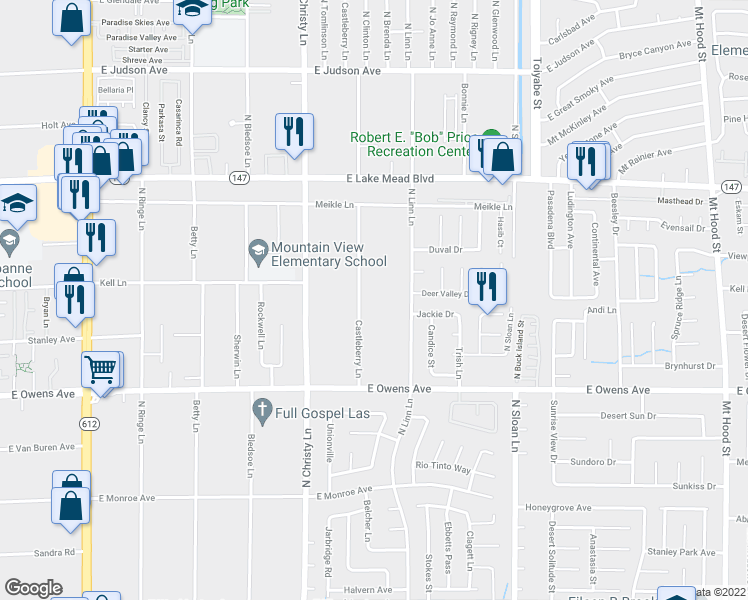 map of restaurants, bars, coffee shops, grocery stores, and more near 1750 Castleberry Lane in Las Vegas