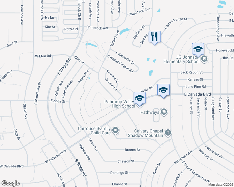 map of restaurants, bars, coffee shops, grocery stores, and more near 1880 Jerome Lane in Pahrump