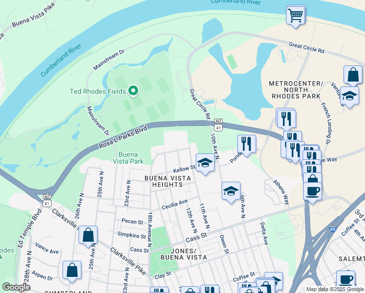 map of restaurants, bars, coffee shops, grocery stores, and more near 1106 Jennings Street in Nashville