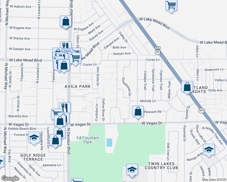 map of restaurants, bars, coffee shops, grocery stores, and more near 4444 Denia Circle in Las Vegas