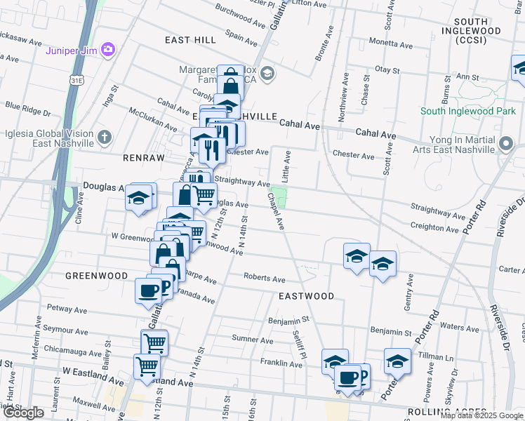 map of restaurants, bars, coffee shops, grocery stores, and more near 1410 Douglas Avenue in Nashville