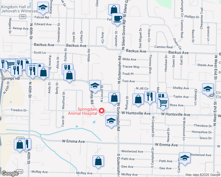 map of restaurants, bars, coffee shops, grocery stores, and more near 2912 Chestnut Avenue in Springdale