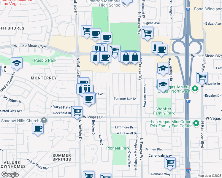map of restaurants, bars, coffee shops, grocery stores, and more near 1801 Navajo Lake Way in Las Vegas