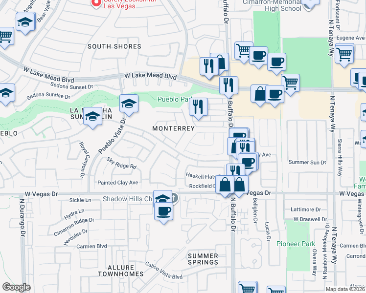 map of restaurants, bars, coffee shops, grocery stores, and more near 1713 Park Mesa Lane in Las Vegas