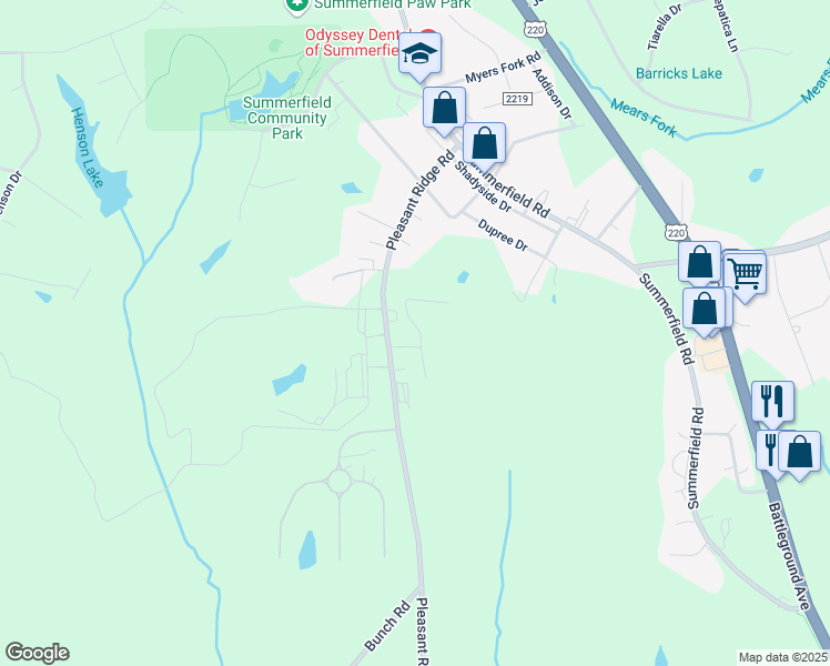 map of restaurants, bars, coffee shops, grocery stores, and more near 7119 Rabbit Hollow Road in Summerfield