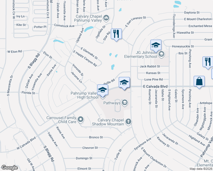 map of restaurants, bars, coffee shops, grocery stores, and more near 451 East Bellville Road in Pahrump