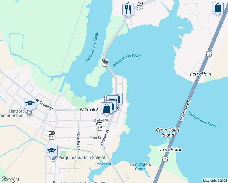 map of restaurants, bars, coffee shops, grocery stores, and more near 311 North Church Street in Hertford