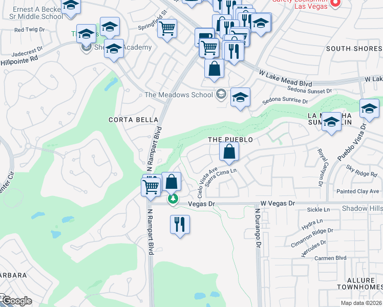 map of restaurants, bars, coffee shops, grocery stores, and more near 8633 Estrelita Drive in Las Vegas