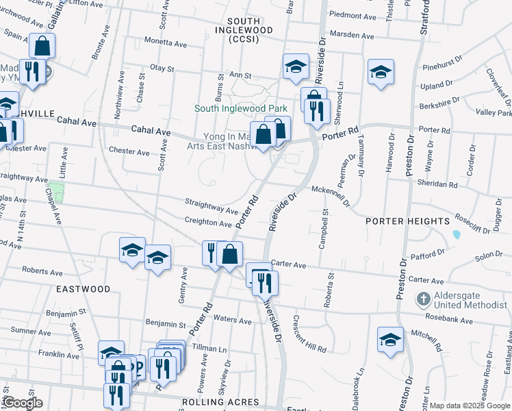 map of restaurants, bars, coffee shops, grocery stores, and more near 1423 Porter Road in Nashville