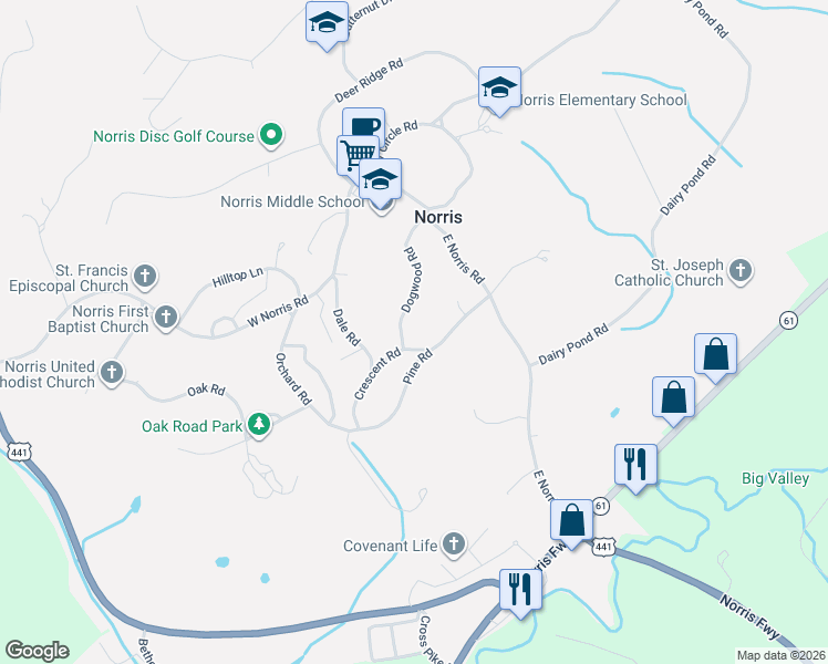 map of restaurants, bars, coffee shops, grocery stores, and more near 57 Dogwood Road in Norris