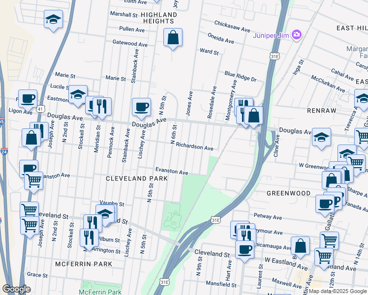 map of restaurants, bars, coffee shops, grocery stores, and more near 610 Richardson Avenue in Nashville